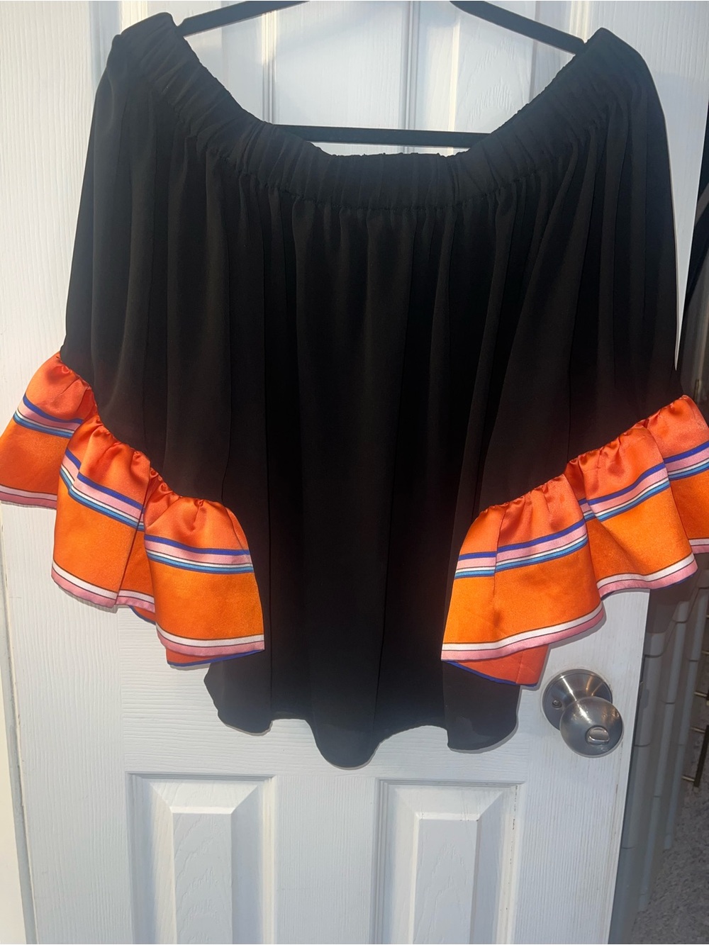 Soft Surroundings Black Off-Shoulder Skirt with Orange Striped Ruffle